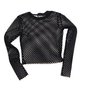 Just Polly Womens Fishnet Cropped Top Black Alternative Goth Devilcore Fairy M